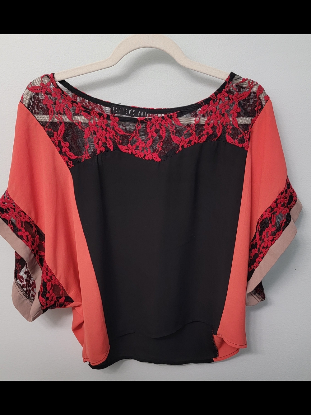 Potter's Pot Coral and Black Lace-Trim Blouse